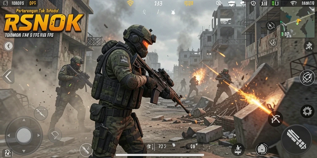 Tampilan mendebarkan dari gameplay RSNOK dalam pertempuran FPS.