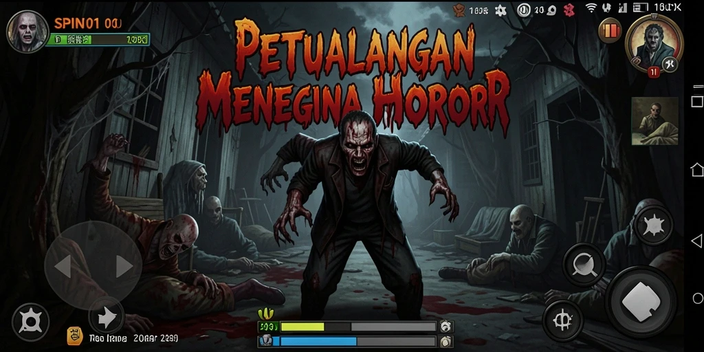 Tampilan gameplay SPIN101 menampilkan suasana horor yang intens dan menakutkan.